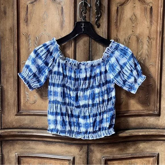 Zara Girls NWOT Blue Tie-Dye Cropped Puff Sleeve Top Sz 10/12–13/14 - Picture 3 of 15